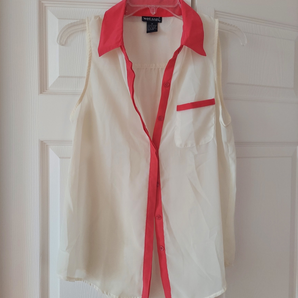 Wet Seal White Sheer Top with Pink Trim